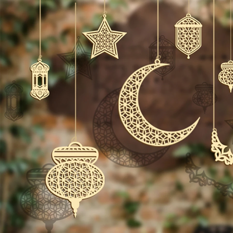 6pcs/set star moon lantern mandala pattern hollow wooden pendant for Ramadan DIY decoration wooden sign holiday party supplies