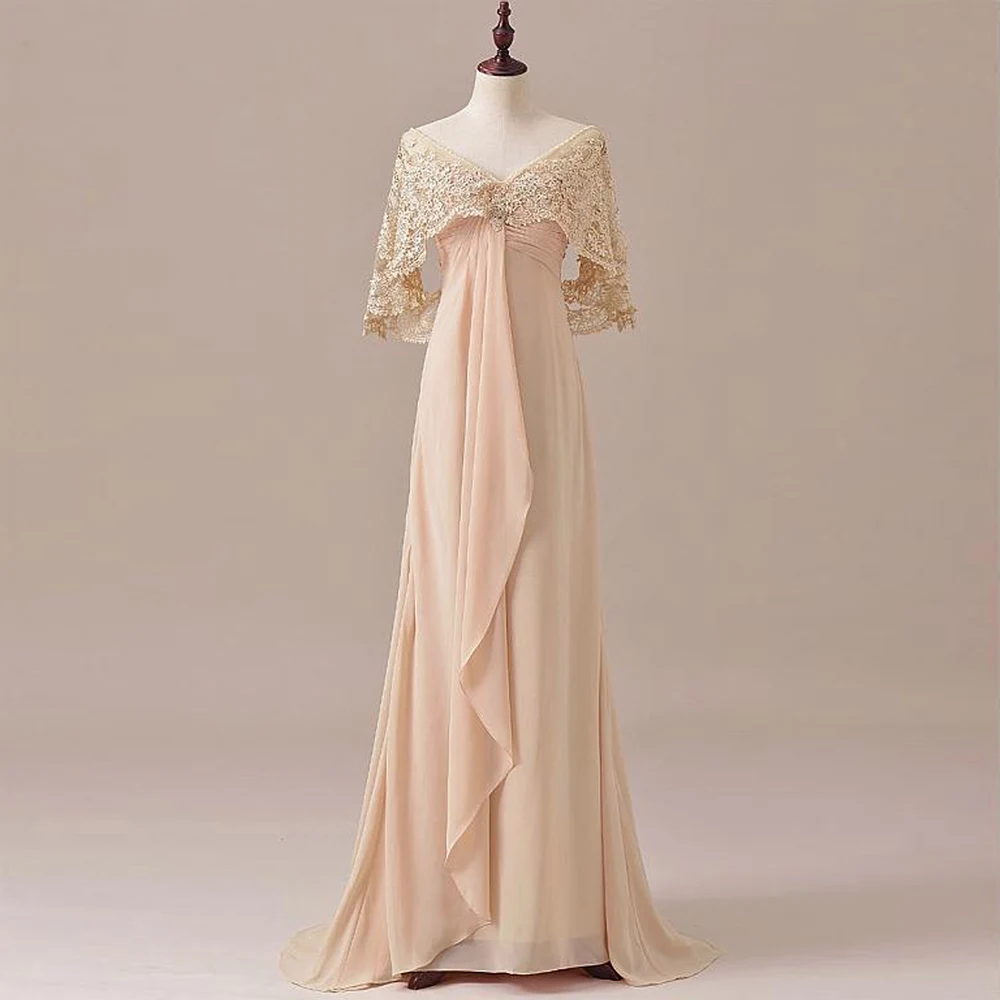 

Vintage Chiffon V neck Mother Of The Bride Dresses A Line Draped Floor Length Half Sleeves With Lace Appliques