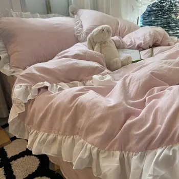 Ins Pink Princess Bedding Set with Ruffles Solid Color Soft Girls Boys Duvet Cover No Filler Pillowcase 3 or 4 pcs Bed Sheet 1