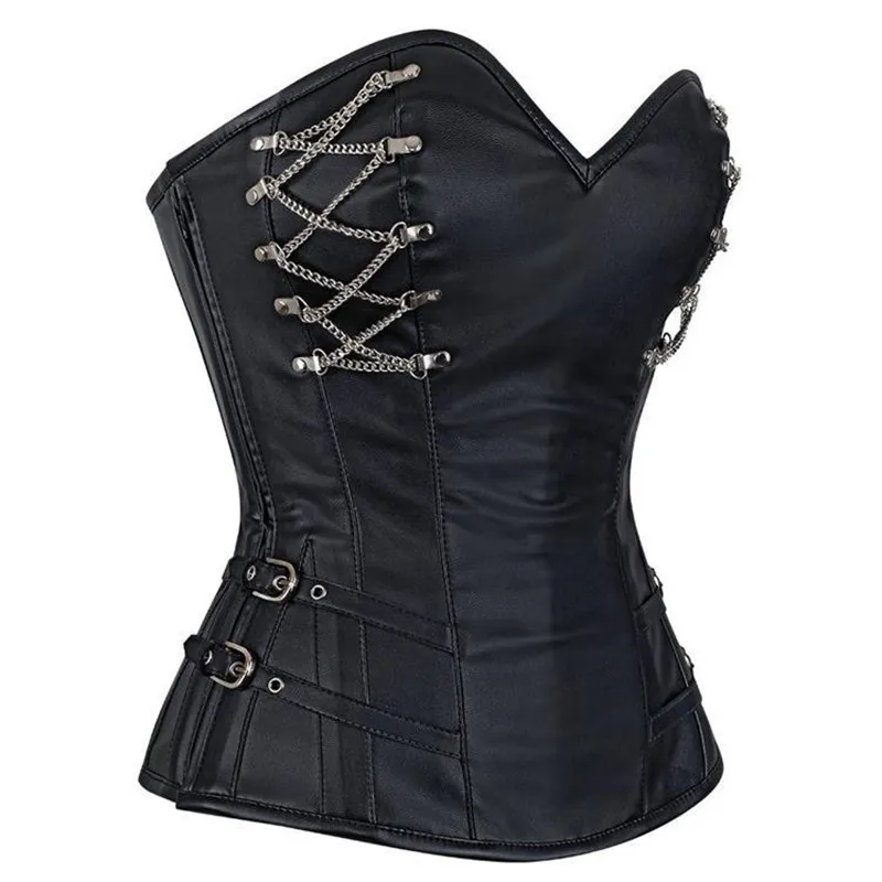 Sliver Chain Style Sexy Women Leather Steampunk Corset Steel Boned Corset Gothic Faux Leather Black Shaperwear Corsage Korsett