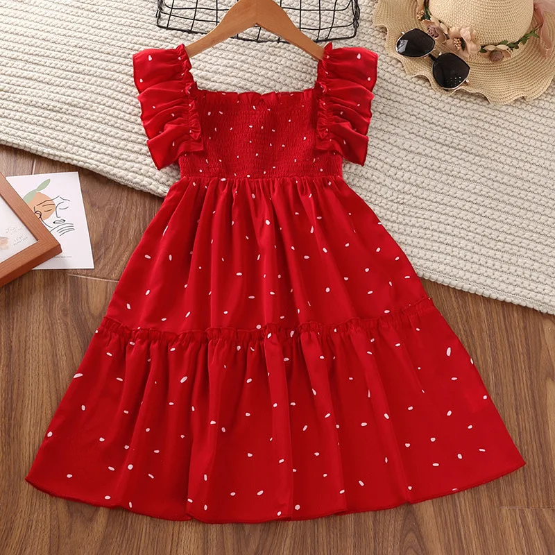 

Girls Dot Red Dress Summer 4-11Y Young Children Square Collar Casual Clothing Kids Knee Length Short Sleeve Princess Dresses New