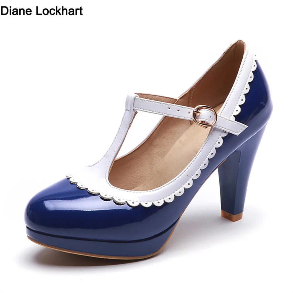 

2024 New High Heels Women Pumps Fashion Patent Leather Platform Shoes Ladies Round Toe Mary Jane Shoes Mujer Pink Blue32-43