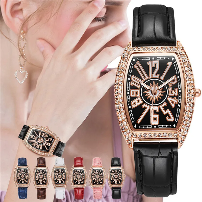 

Tonneau Women's Watches Rhinestone Watches Luxury Quartz Wristwatches Reloj Para Mujer Leather Watch Clock for Everyday Reloj 시계