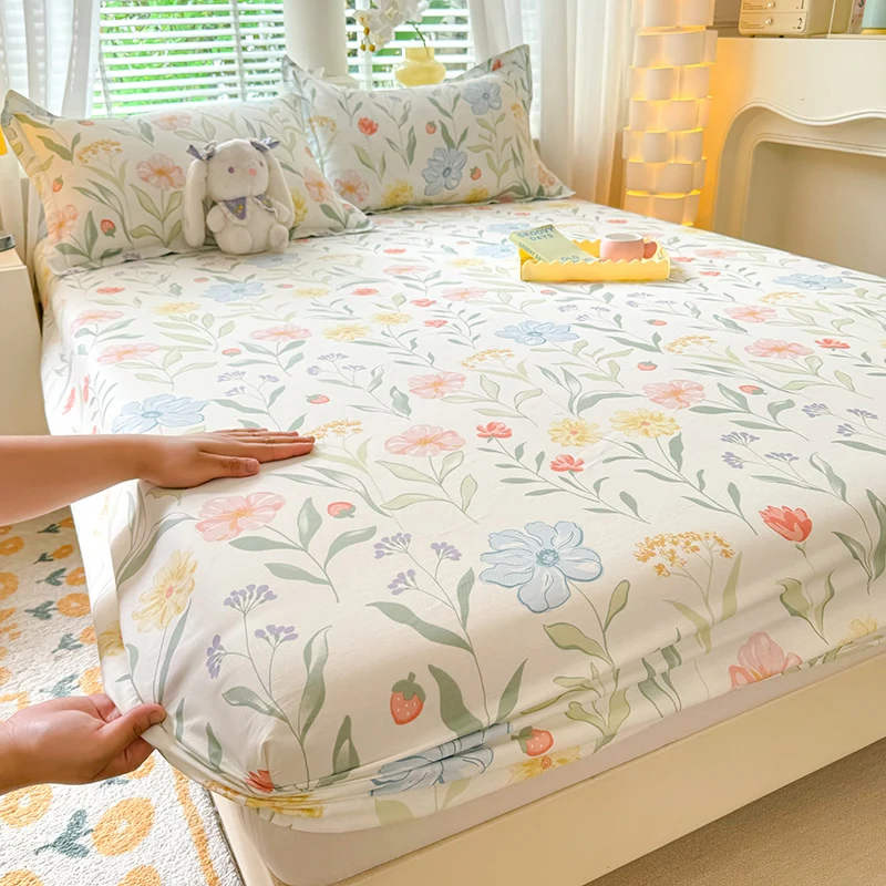100% Cotton Fitted Sheet Floral Style Bedsheets Skin-friendly Elastic Bed Cover Home Bed Linen 1PCS (No Pillowcase) 5