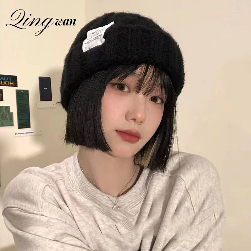 

2023 Black Kpop Winter Knitted Woolen Beanies Hat Skullies for Women Japanese Ins Ear Protector with Thickened Warmth Cover Cap