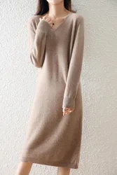 100% Merino Wool Sweater Traf Official Dress Autumn And Winter New Women's V-Neck Solid Color Long Pullover Top