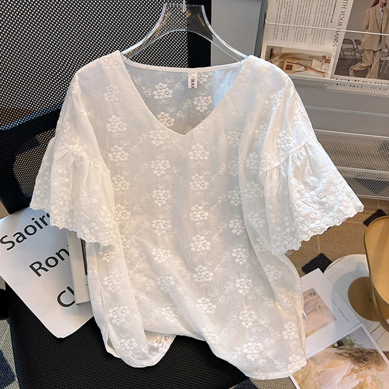 

Блузы женские с V-образным вырезом, Летние Стильные Рубашки, элегантные кружевные модные офисные повседневные топы с коротким рукавом, 27657