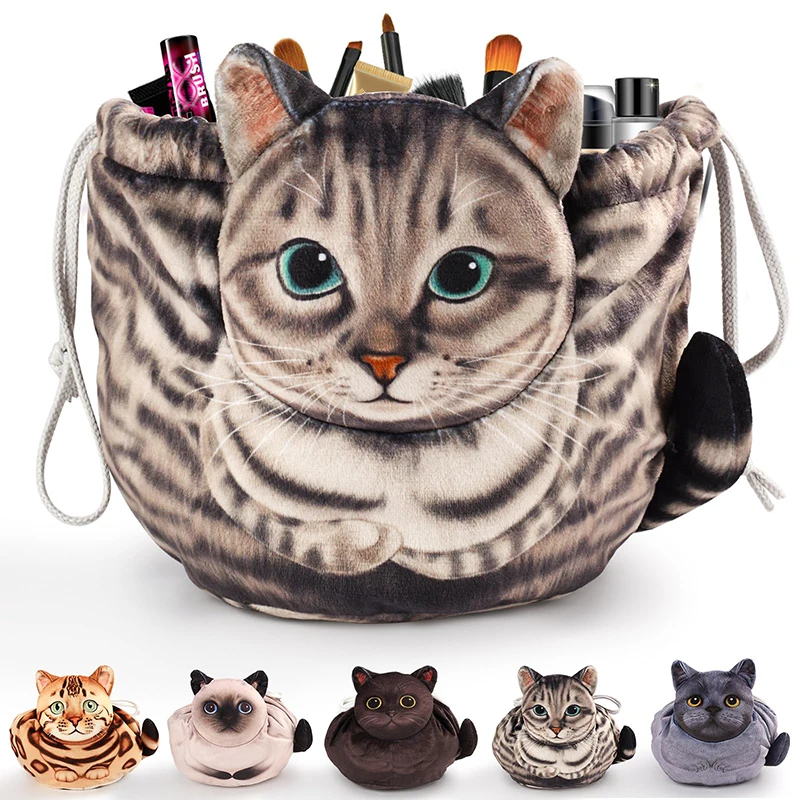 Adorable Cat Head 3D Makeup Bag with Drawstring Closure – Perfect Gift for Women Cat Lovers, Versatile Travel Cosmetic Organizer Pouch