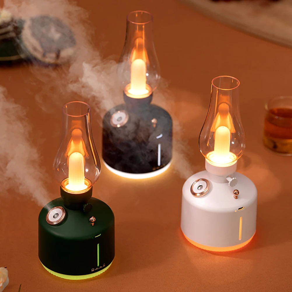 

260ML Retro Kerosene Lamp Humidifier Night Lights 2 Modes 1200Mah USB Rechargeable LED Candle Lamp for Home Office Decor