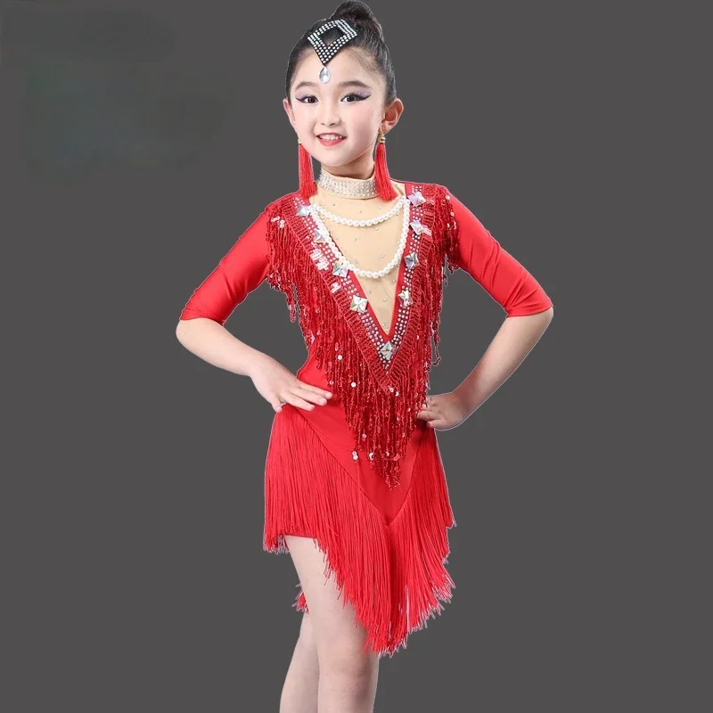 

Sequin Tassel Latin Dance Dress for Girls Rumba Cha Cha Samba Competition Dancewear Kids Latin Professional Ballroom Dancing