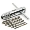 Adjustable Silver T-Handle Ratchet Tap Holder Wrench with 5pcs M3-M8 3mm-8mm Machine Screw Thread Metric Plug T-shaped Tap 1