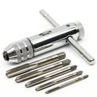Adjustable Silver T-Handle Ratchet Tap Holder Wrench with 5pcs M3-M8 3mm-8mm Machine Screw Thread Metric Plug T-shaped Tap 1