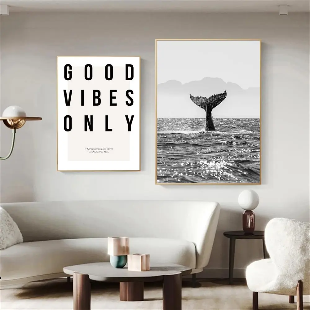 Nordic Whale Good Vibes Only Black and White Canvas Art Print for Modern Living Room Decor