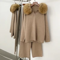 Reality Fur Jacket Pullover Set Woman Spring Knitted Suit Knitwear Female Real Fox Fur Collar Sweater Lady Autumn Knitted New - Image 2