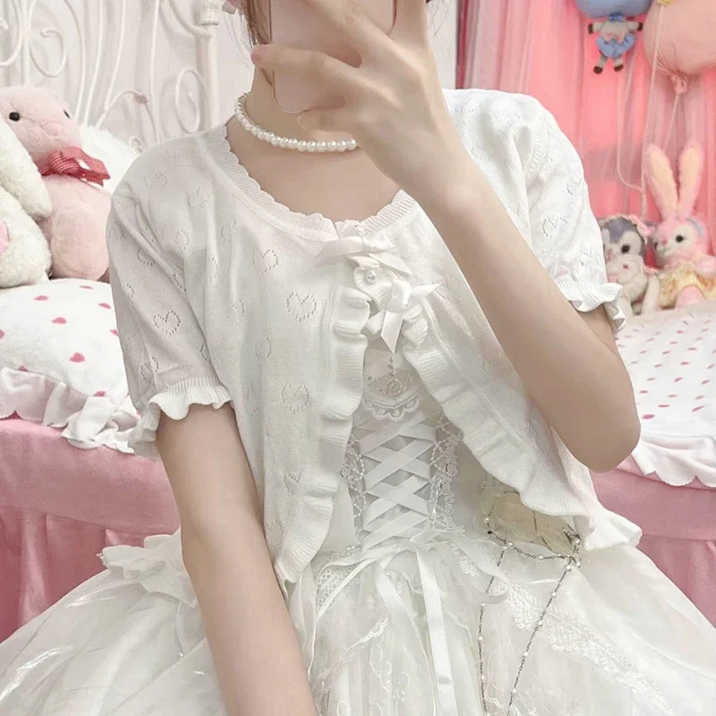 Cute Knitted Cardigan Women Pearl Button Bow Decoration Heart Hollow Out Short Sweater for Sweet Girl Kawaii Clothes 6