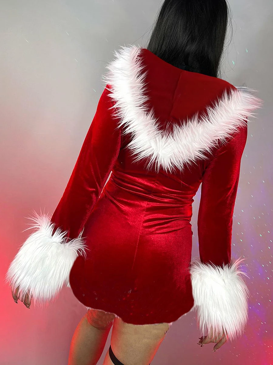 

Sexy Santa Costume Mrs Claus Dress Plush Trim Patchwork Bodycon Mini Dress Xmas Outfit Cosplay Fancy Dress