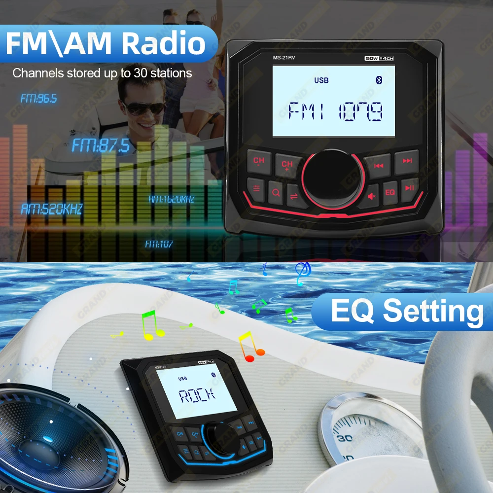 Marine Radio Boat Stereo FM AM Digital Media Audio Player Bluetooth IPX5 Waterproof For Yacht ATV UTV Golf Cart Motorcycle