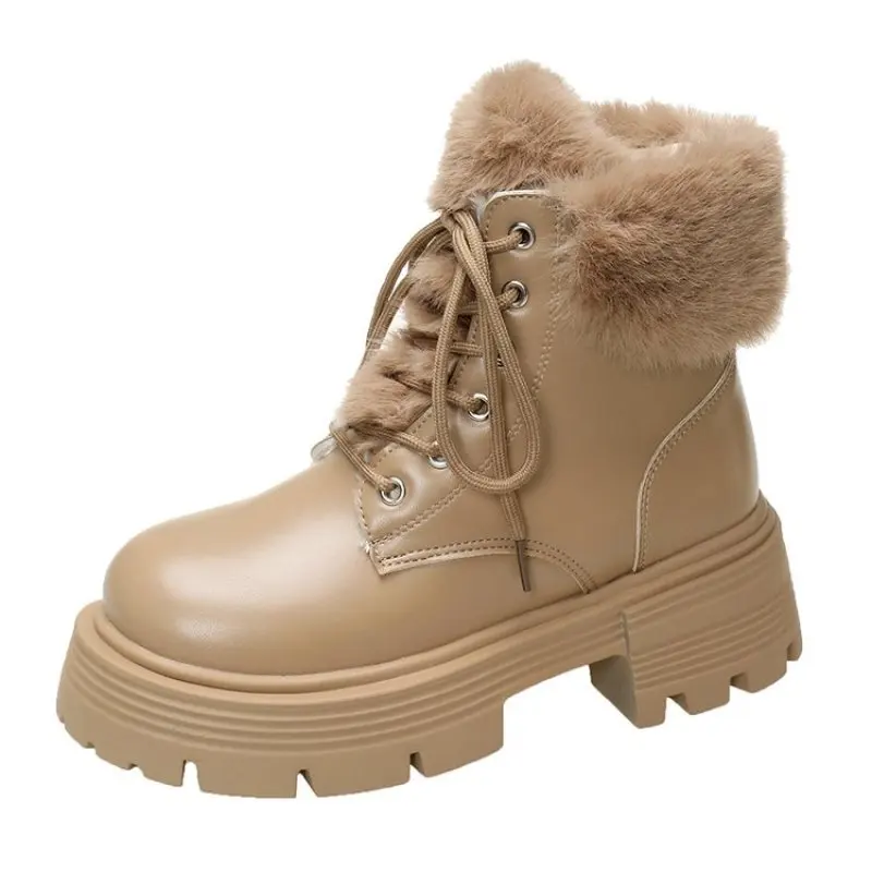 Fashion Ladies Shoes Lace Up Women is Boots Winter Plush Fleece for Warmth Round Toe Solid Short Barrel Square Root Naked Boots