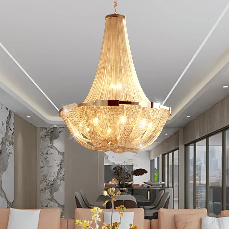 

Luxury Aluminum Tassel Lamp Duplex Building Hollow Living Room Large Chandelier for Hotel Villa Stairs Chandelier Italian Light