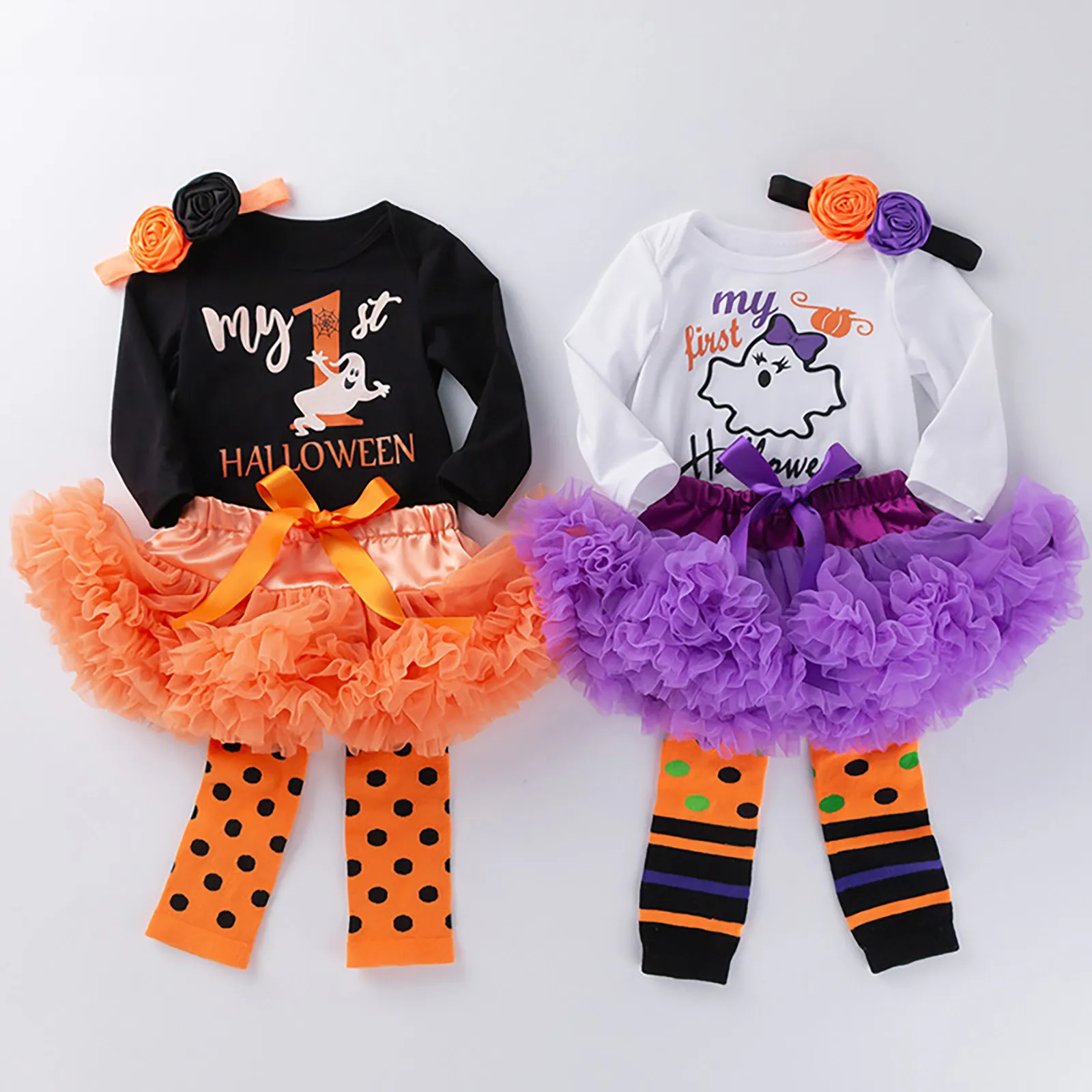 

4Pcs Baby Girls Romper Sets Newborn Infant Halloween Long Sleeve Bodysuit Jumpsuit+Headwear+Tutu Skirts+Leggings Clothes Outfits