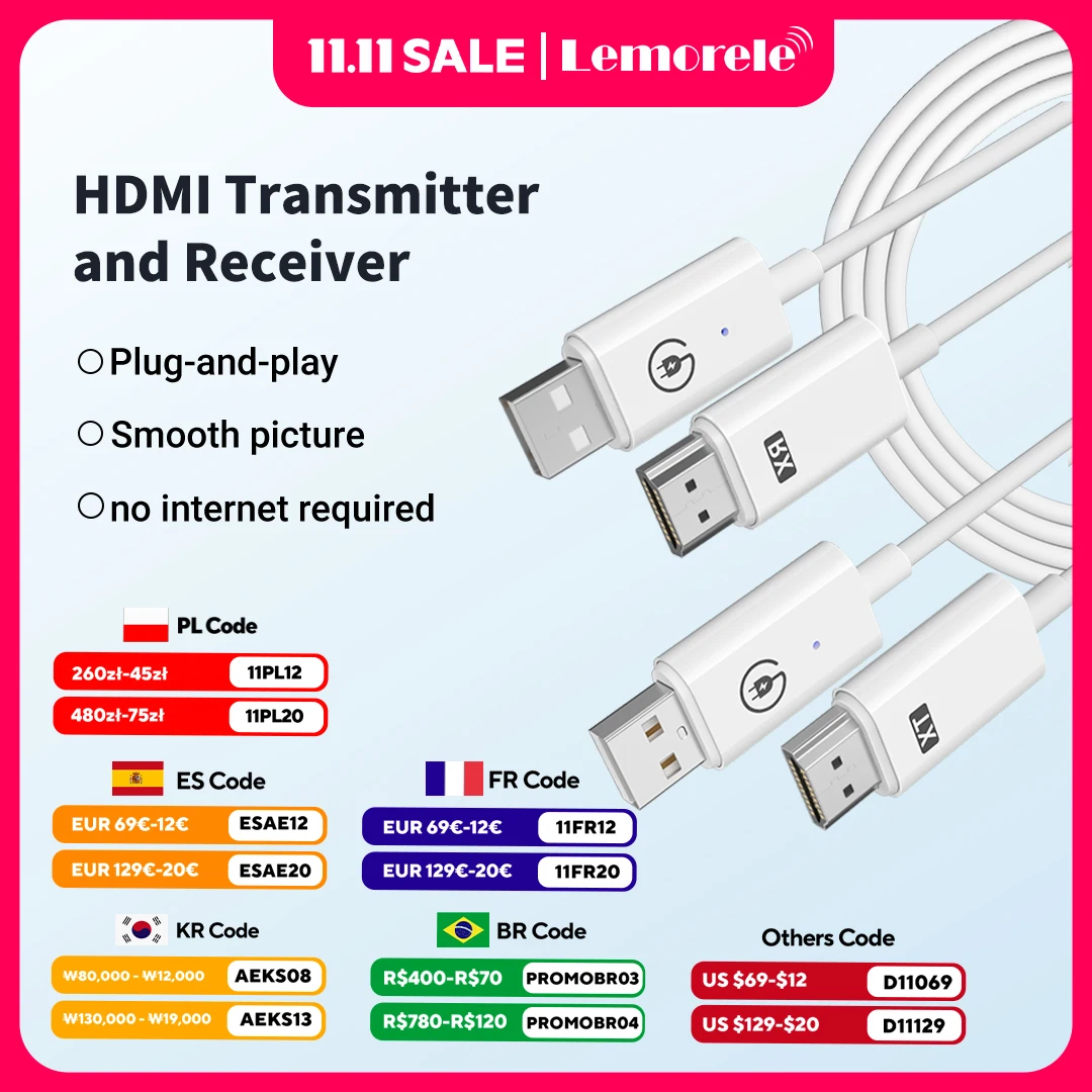 Lemorele HDMI جهاز ريسيفر استقبال وإرسال لاسلكي مو...