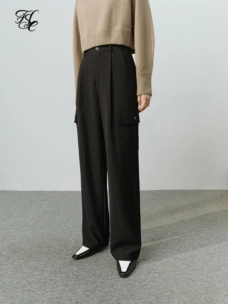 

FSLE Office Lady Retro Loose Black Pants Female 2022 Winter Model New High -Waisted Pants Long Wide Leg Women Black Pants
