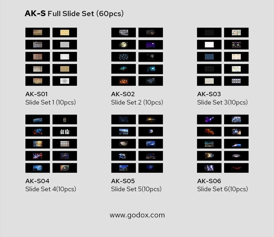 Description Picture 6 of itemGodox AK-S Slide Set Projection Attachment AK-S01 AK-S02 AK-S03 AK-S04 AK-S05 AK-S06 Accessories for Godox AK-R21 Camera Flash