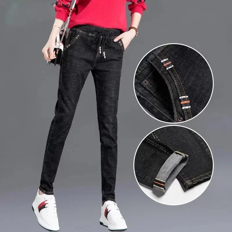 Spring Fall Pencil Jeans Women's Casual High Waist Denim Harem Pants Vintage Lace Up Big Size 26-34 Stretch Vaqueros Pantalones