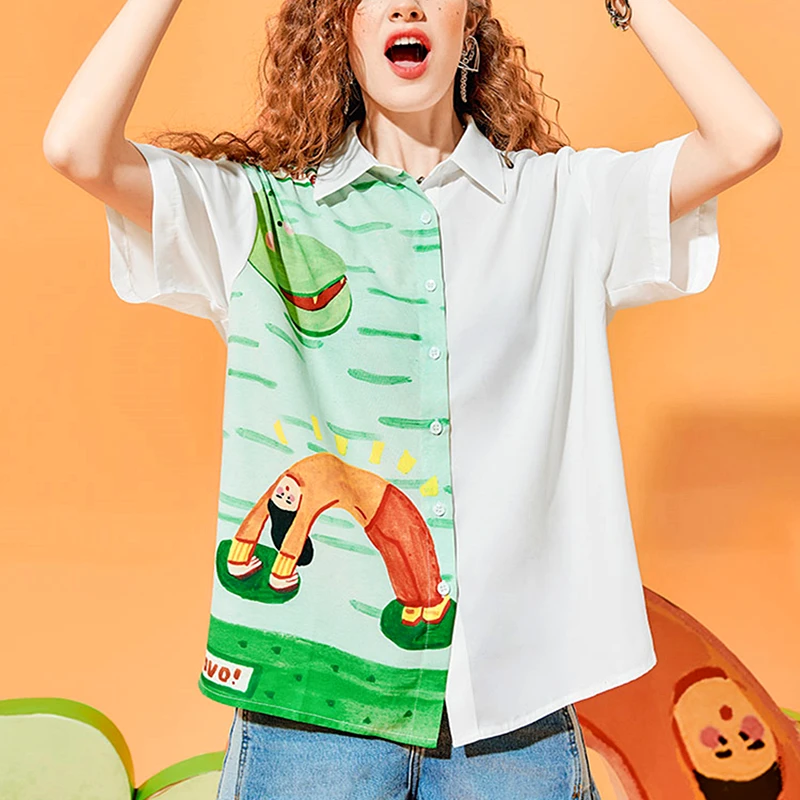 

2022 Patchwork Contrasting Cute Hand-Painted Anime Button Up Shirts Kawaii Teenage White Tops Loose Summer Beach Blouse Hawaiian