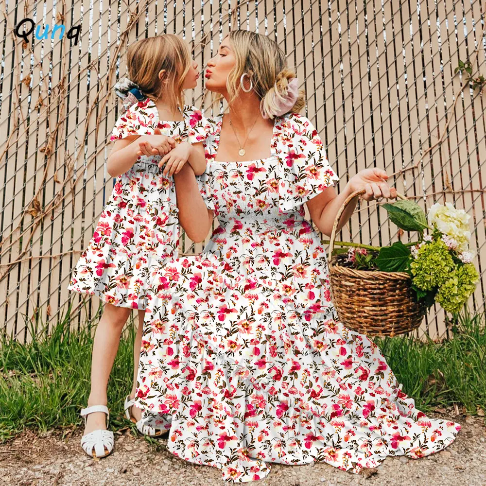 Vestidos para madre e hija, trajes a juego para la familia, estampado  Floral, cuello en V, ropa para niña y madre, vestido veraniego de playa  para