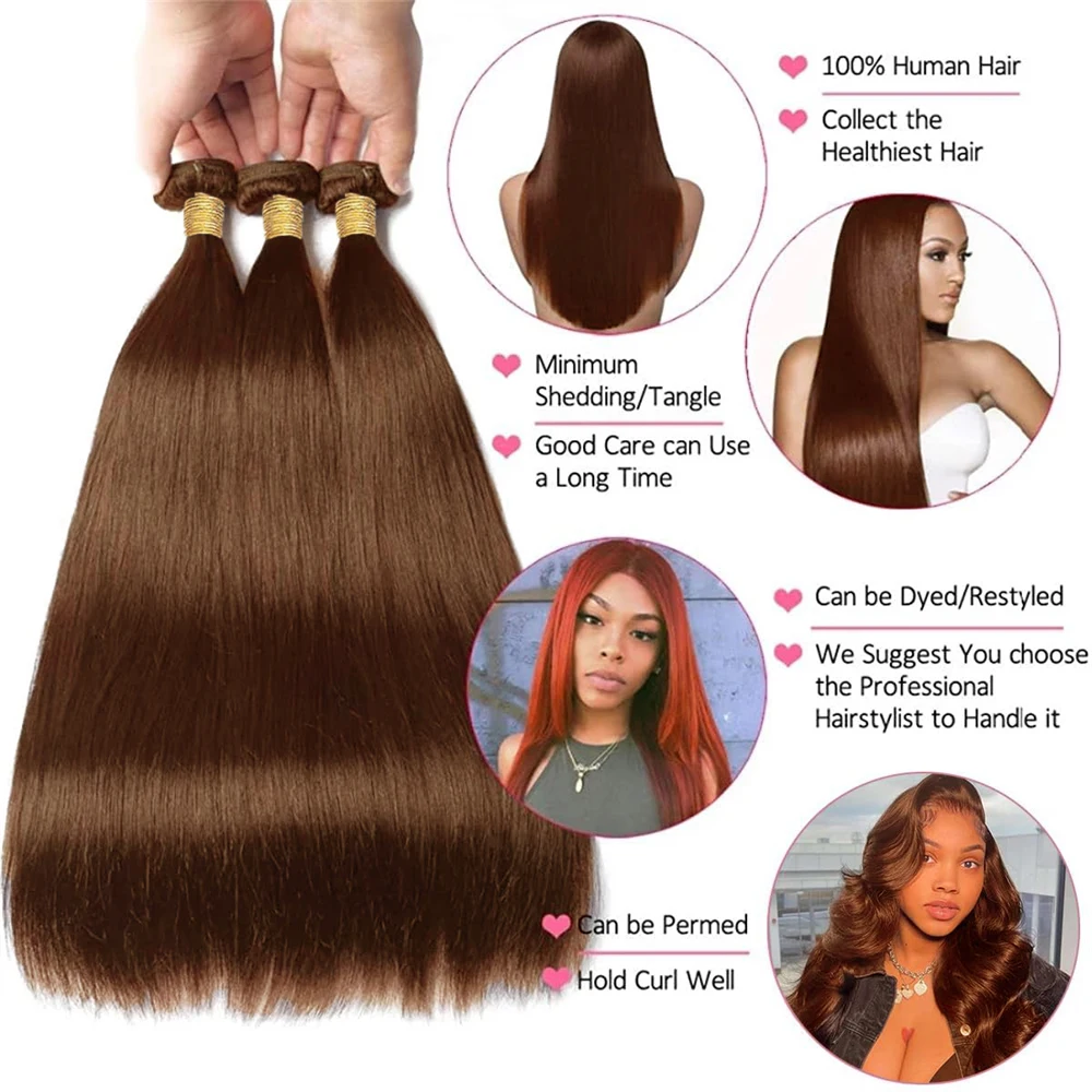 Color #4 Bone Straight Human Hair Extension Chocolate Brown Peruvian 100% Human Hair 1/3 Bundles Deal Weave Remy Extensions