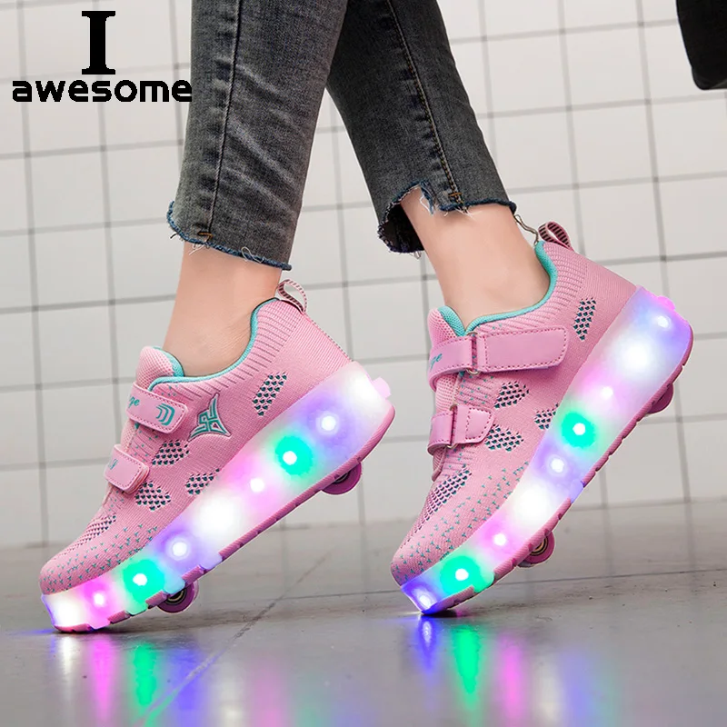 

2021 Roller Skate Shoes for Kids Boys Girls LED Wheels Sneakers with On Double Two Wheels Children Boy Girl Skate Sneakers Shoes