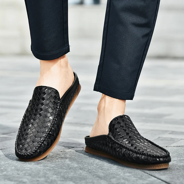 Mens Shoes Woven Mules Shoes New Men Fashion Half Slippers Driving