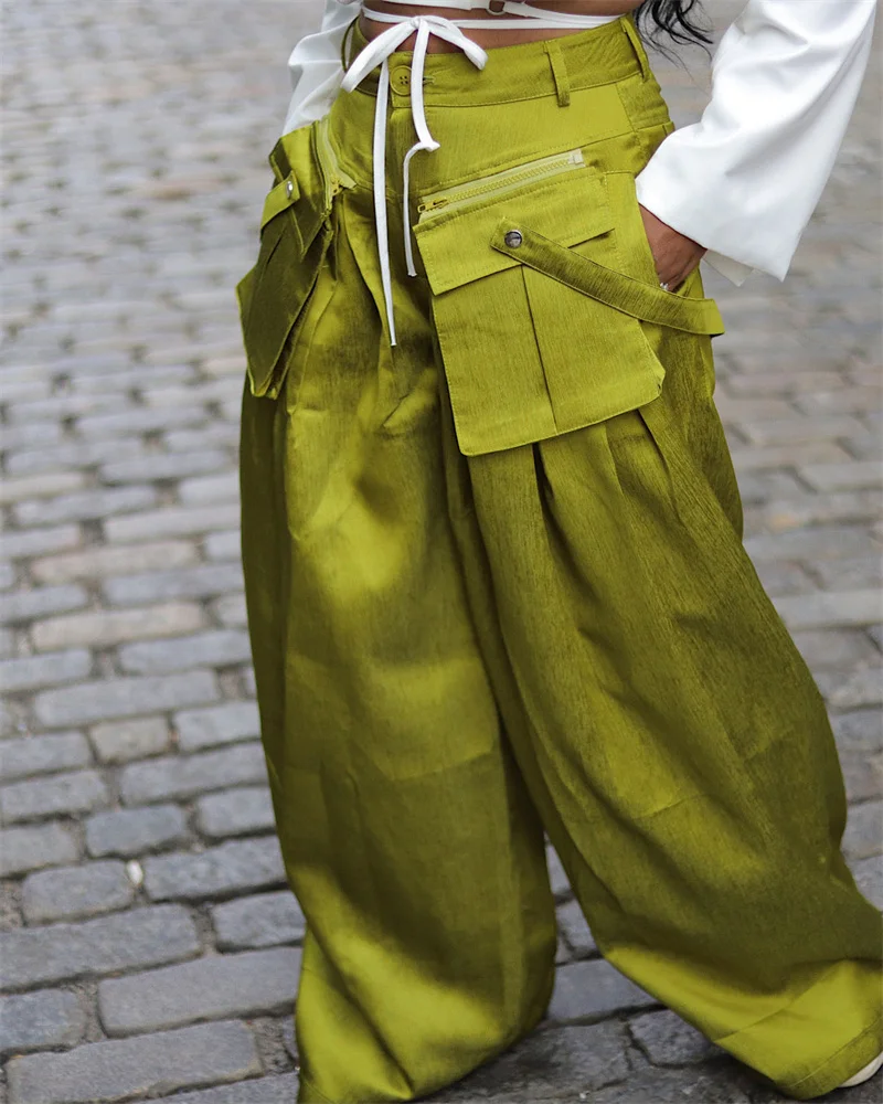 Fashion Streetwear High Waist Removable Pockets Wide Leg