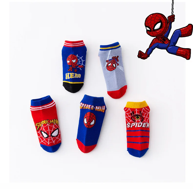 5 Pairs Spiderman Children Socks Anime Kids Boys Short Sock Iron Man Captain America Cartoon Baby Summer Spring Boat Socks 1-12Y