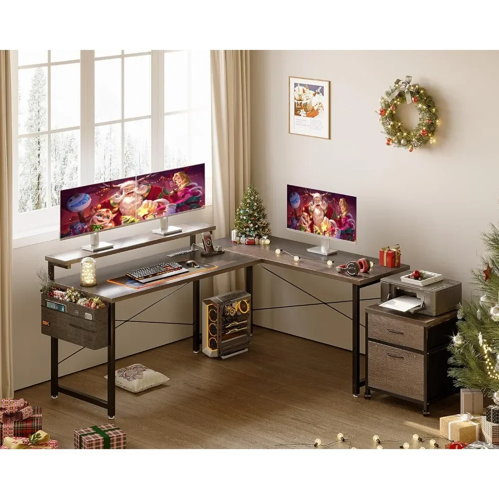 

Reversible Corner Desk With Storage Bag Living Room Corner Table 55" Office Desk With File Cabinet Oak Grey Freight Free
