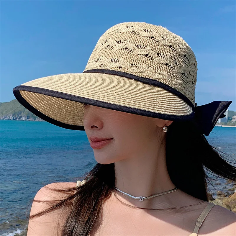 

2023 Han Edition Straw Hat Fashion Hollow Out Dreathable Topi Dowknot Folding Sunscreen Caps Woman Contracted Caps Wholesale