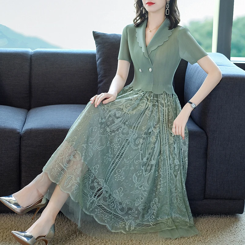 

2024 Summer Pink Patchwork Mesh Hook Flower Hollow Fake Two Piece Dress Women Korean Fashion Elegant Bodycon Office Lady Dresss