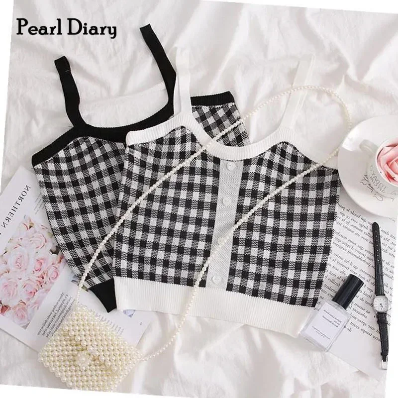 

Pearl Diary Women Plaid Straps Camis Top Vintage Buttoned Plaid Crop Top Female Tank Top Sleeveless Slim Fitted Top Women Summer