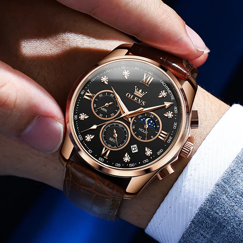 OLEVS Men's Watches Original Top Brand Quartz Watch Waterproof Sport Multifunction Wristwatch Moon Phase Fashion Watches for Men