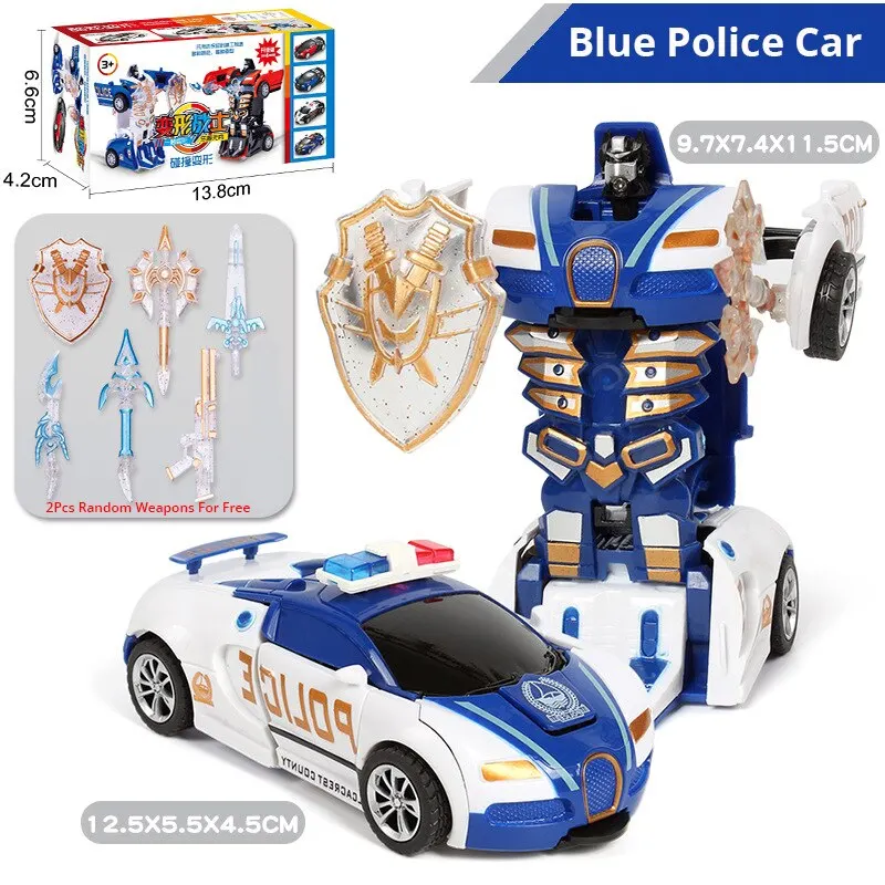 Blue Children's Inertia Impact Police Car Toy with One-Button Transformation