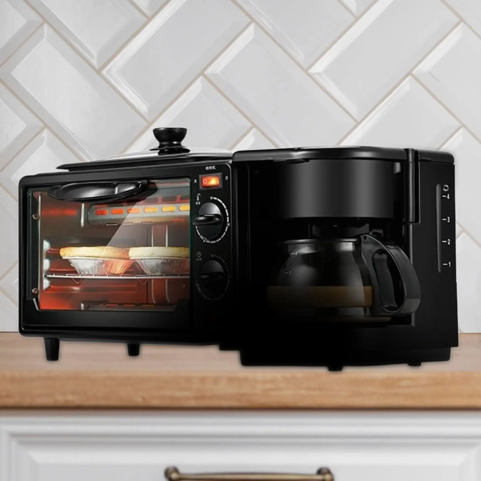 3 in 1 Breakfast Machine Small Kitchen Appliances with Glass Lid Toasters Oven Toaster Oven for Sausages Egg Sandwich Bread