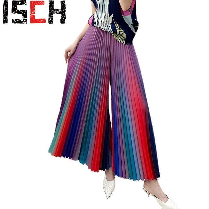 

Miyake Women's Spring/Summer New Gradient Pleated Loose Versatile Wide Leg Flare Pants Fashion Autumn Street Style Rainbow Pants