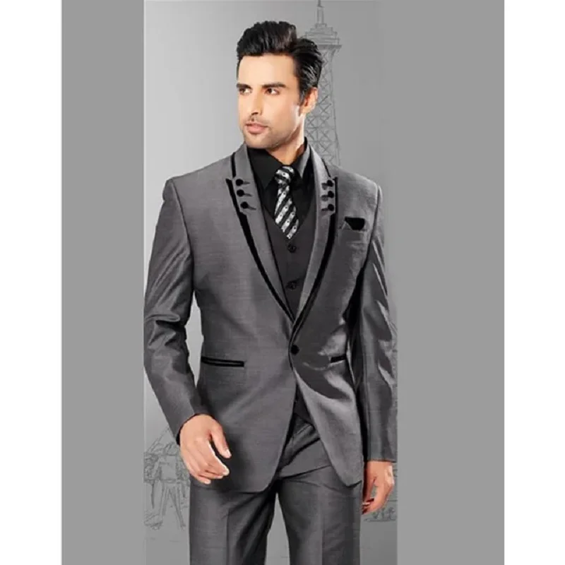 Grey Silver Men Suits Wedding Suits For Groom Tuxedos (Jacket+Pants+Vest) Three Pieces Groomsmen Suits Regular Big Sizes