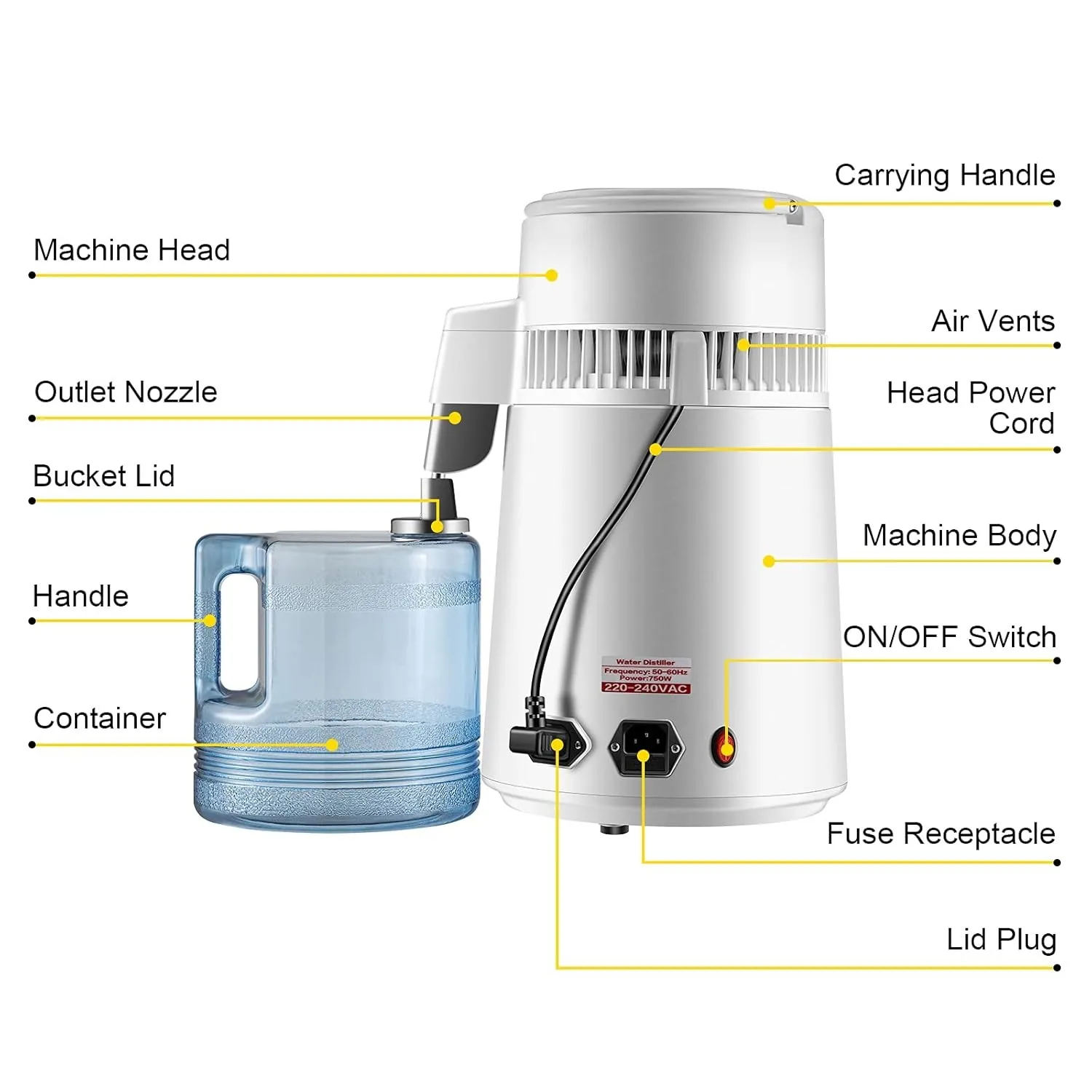 1.1 Gal Water Distiller,750W Distilled Water Machine,4L Distilling Pure Machine w/Plastic Container,Water Distillation Kit