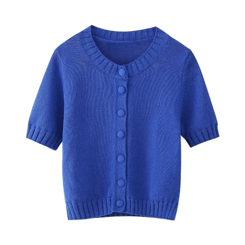 

Casual Blue Short Shirts for Women Summer Buttons Tops Short Sleeved Knitted Blouses Holiday Style Woman Elastic Shirts