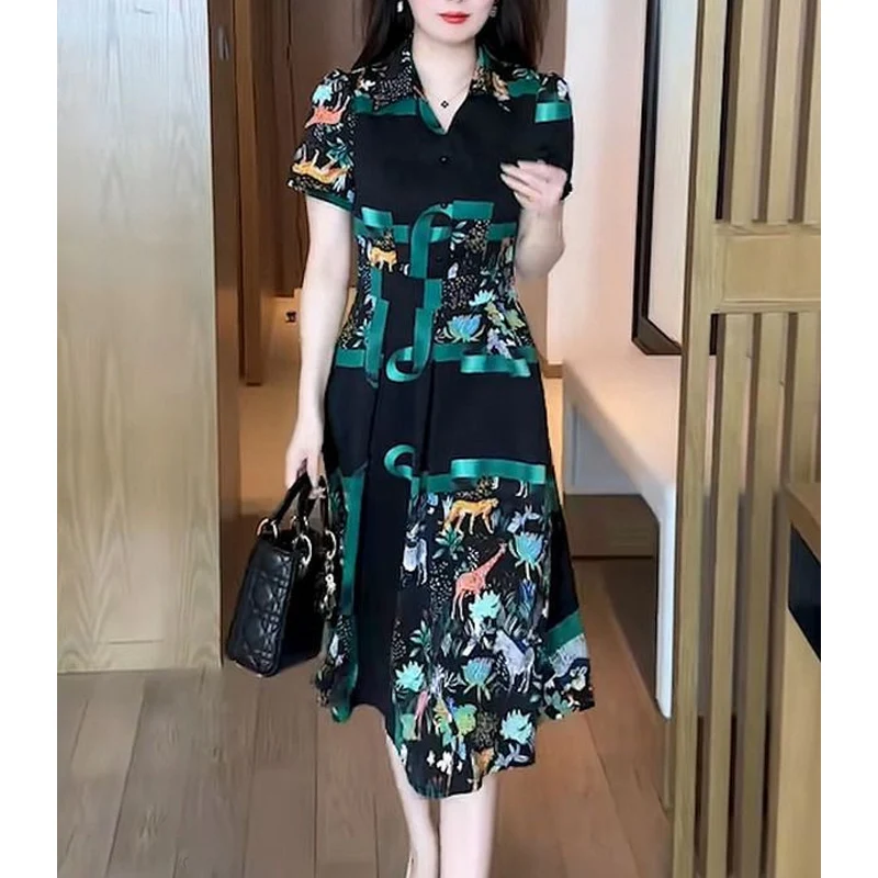 Women Short Sleeve Printed Pleated Lacing Dress main image 1