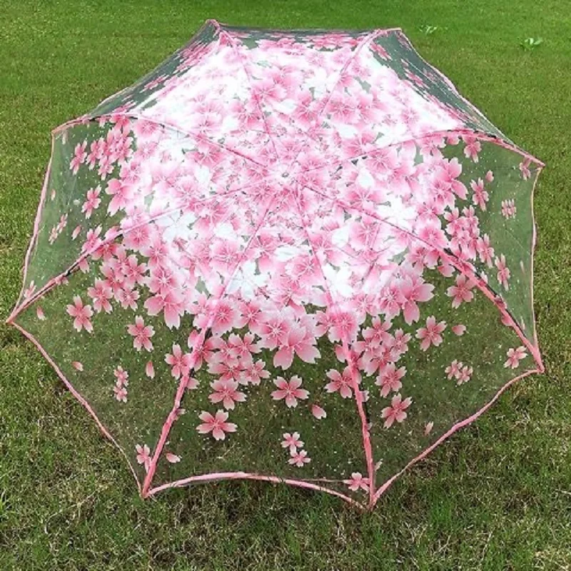 Romantic Transparent Flowers Bubble Dome Umbrella For Wind Heavy Rain Women Sun Umbrella