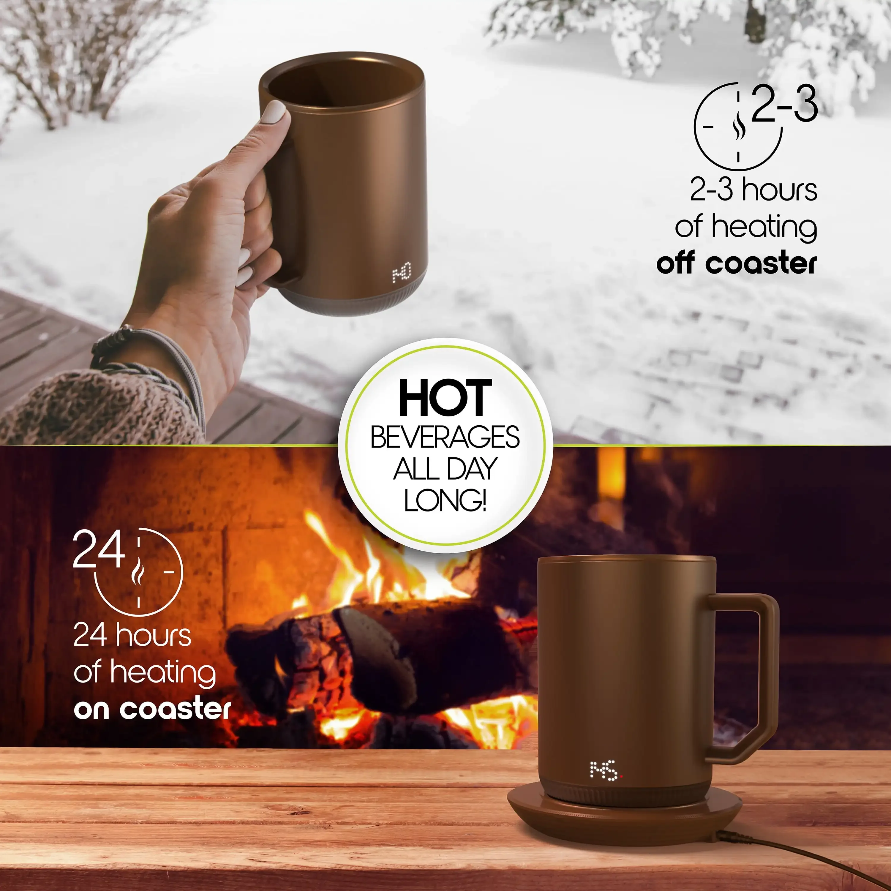 Charging Coaster, 12oz. Stainless Steel Self Heating Coffee Mug with Lid 3.5" x 3.5" x 5" 3