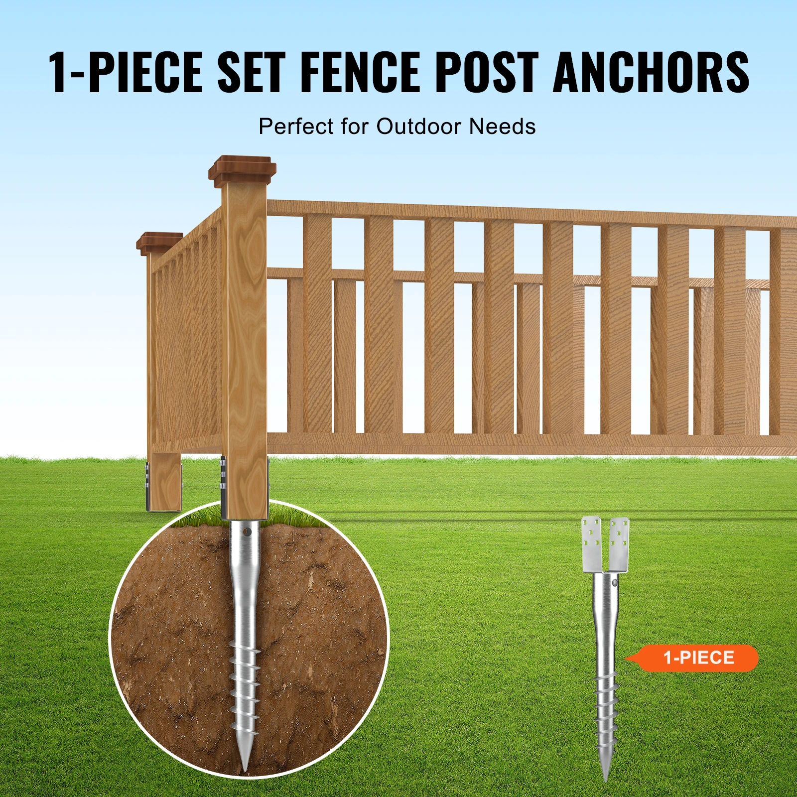 VEVOR No Dig Ground Anchor 1 Pack 3.94 x 2.76 x 27.56 in DIY Screw in Post Stake Includes 6 Lag Bolts & a Rebar U-Shape Holder